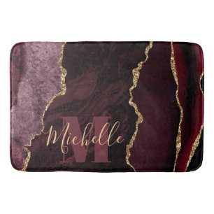 Tapis De Bain Rouge Bourgogne & Or Faux Paillettes Marbre Agate