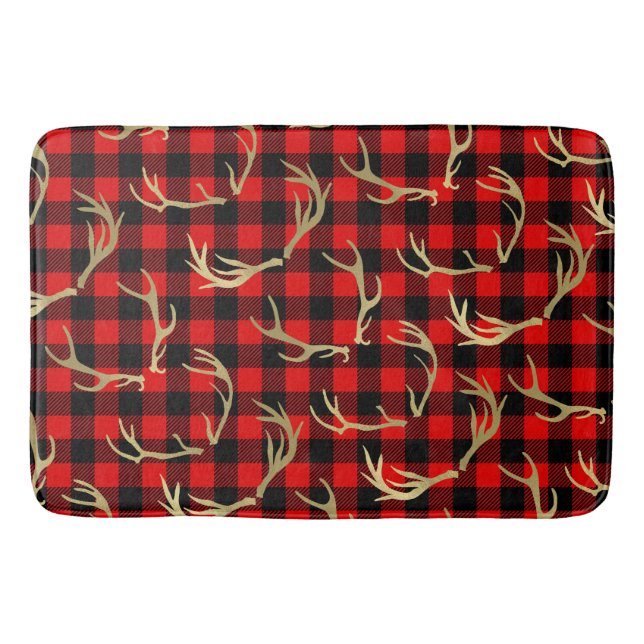 Tapis De Bain Rouge et noir Buffalo Plaid & Gold Deer Antlers (Devant)