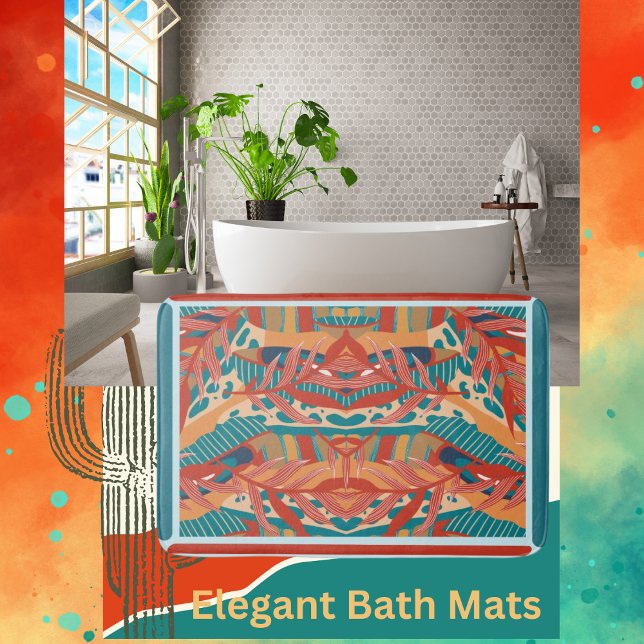 Tapis De Bain Rouge Feuille tropical, Turquoise orange (Créateur téléchargé)