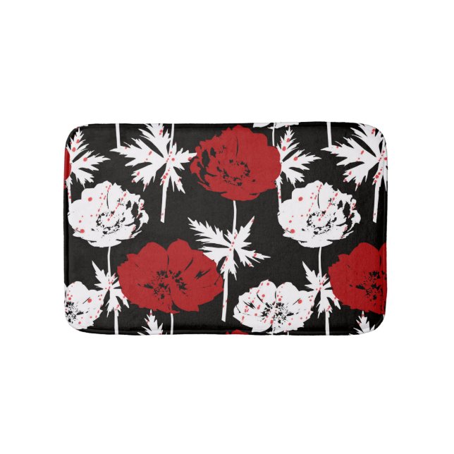 Tapis De Bain Rouge, fleurs blanches sur noir. (Devant)