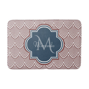 Tapis De Bain Rouge foncé Déco pétoncles bleu marine Monogramme 