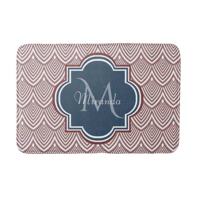 Tapis De Bain Rouge foncé Déco pétoncles bleu marine Monogramme  (Devant)