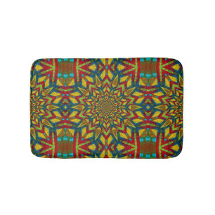 Tapis De Bain Rouge foncé Jaune Turquoise Motif géométrique Ethn