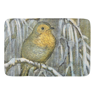 Tapis De Bain Rouge-gorge vintage sur une branche enneigée