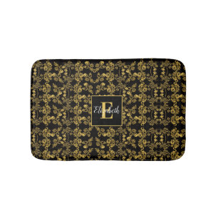 Tapis De Bain Royal noir et or damassé floral nom personnalisé