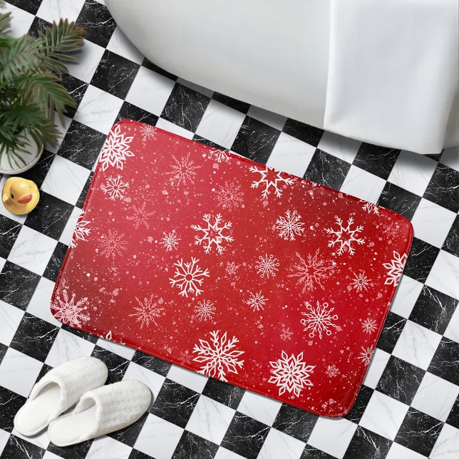 Tapis De Bain Ruby Rouge Festif Noël Blanc Flocons de Neige  (Créateur téléchargé)