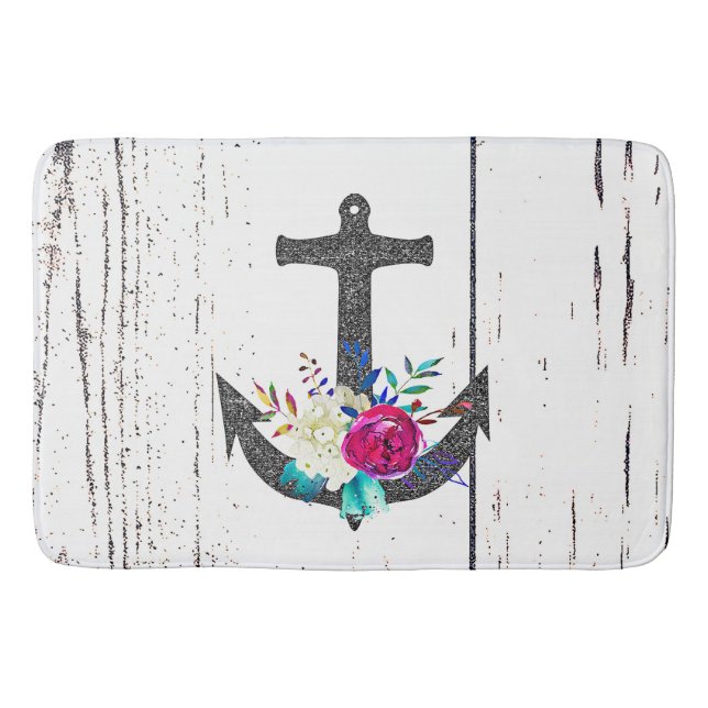 Tapis De Bain Rustic Beach Anchor & Bold Floral Summer Nautical (Devant)