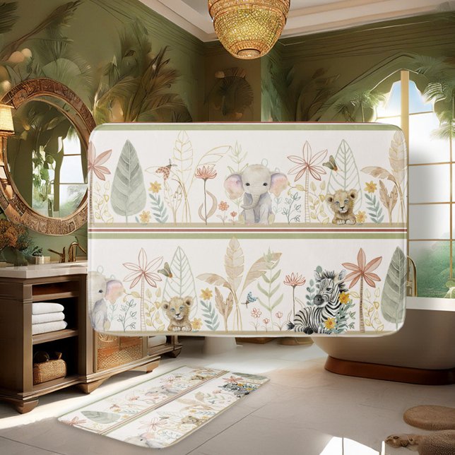 Tapis De Bain Safari Jungle Foliage Lion Zebra Elephant Baby Boy (Créateur téléchargé)