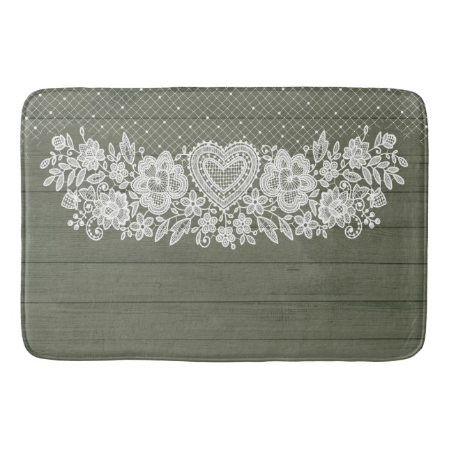 Tapis De Bain Sage Green Rustique Bois et blanc dentelle Lacy Fa (Devant)
