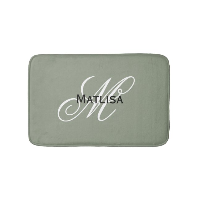 Tapis De Bain Sage moderne vert et blanc Nom du monogramme Initi (Devant)