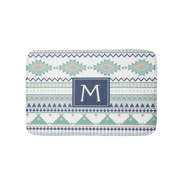 Tapis De Bain Sage & Navy Blue Monogram Motif amérindien (Devant)