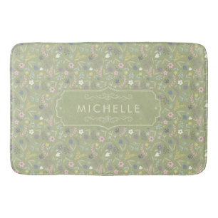 Tapis De Bain Sage Vert Fleurs Roses Blanches Motif Floral Boho
