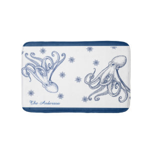 Tapis De Bain Salle de bain nautique Océan Marine Bleu Octopus