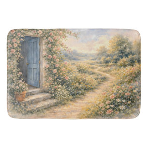Tapis De Bain Scène de chemin fleuri à la porte bleue du jardin