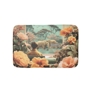Tapis De Bain Scène de safari surréaliste avec éléphants zèbres