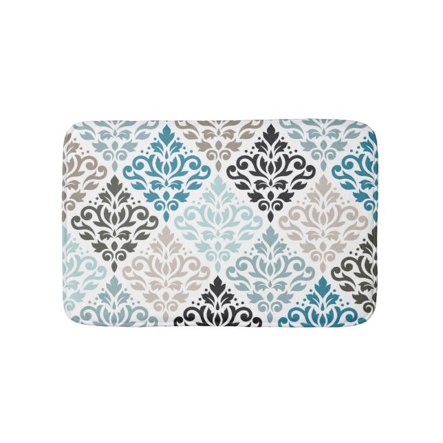 Tapis De Bain Scroll Damask Big Motif Teals Browns White (Devant)