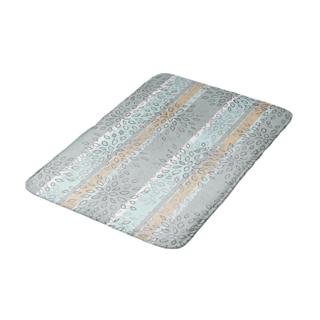 Tapis De Bain Sea Green Tan Stripes Gris Blanc Feuille Motif (Angle)