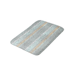 Tapis De Bain Sea Green Tan Stripes Gris Blanc Feuille Motif