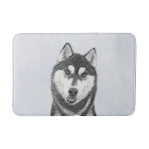 Tapis De Bain Sibérie Husky (noir et blanc) Peinture Chien Art
