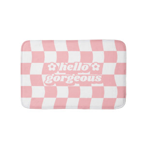 Tapis De Bain Slogan en damier blanc rose-pastel