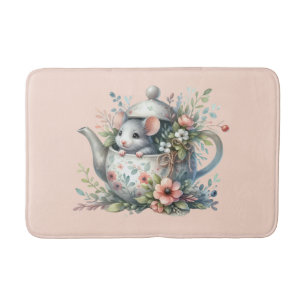 Tapis De Bain Souris mignonne en théière florale Illustration