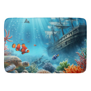 Tapis De Bain Sous la mer, tortue, corail, bateau, poisson clown