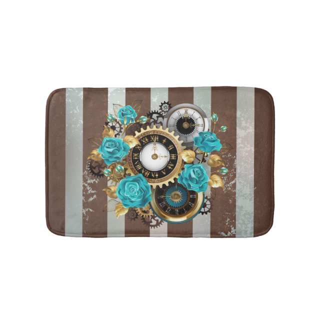 Tapis De Bain Steampunk Clock and Turquoise Roses on Striped (Devant)