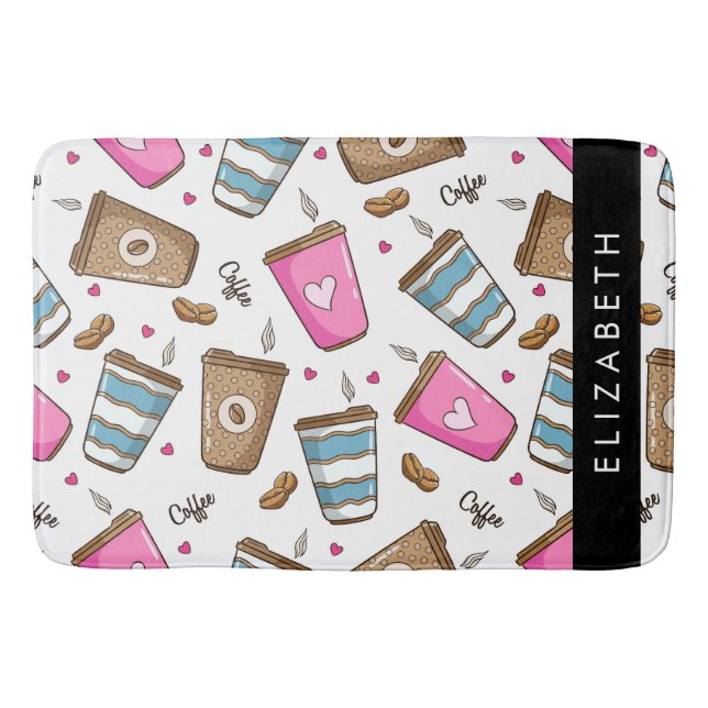 Tapis De Bain Tasses À Café, Haricots À Café, Coeurs, Votre Nom (Devant)