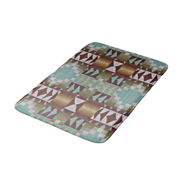 Tapis De Bain Taupe Brown Turquoise Aqua Blue Tribal Motif (Angle)