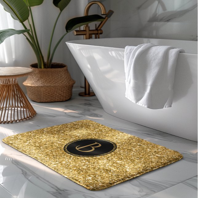 Tapis De Bain Texture Parties scintillant Or Moderne Avec Monogr (Créateur téléchargé)