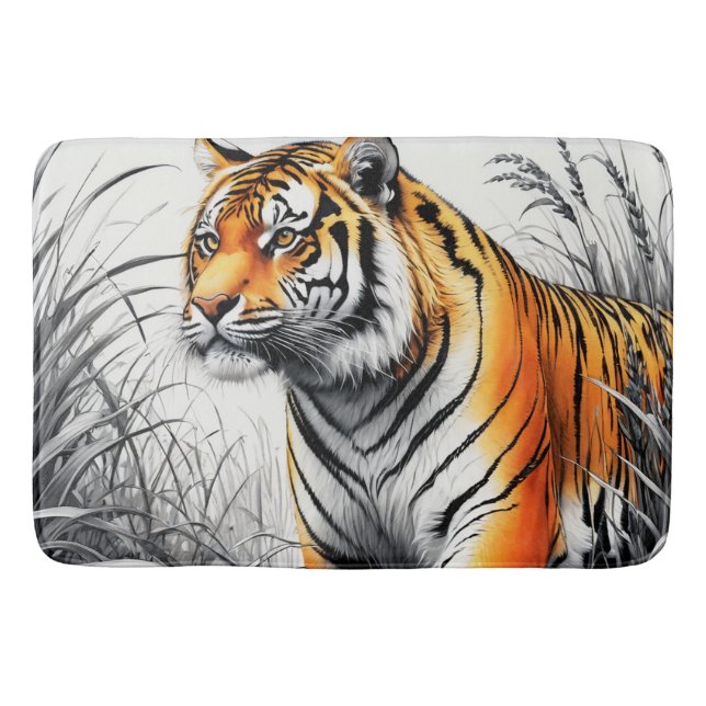 Tapis De Bain Tiger Art Color Partiel noir blanc dessin (Devant)