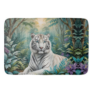 Tapis De Bain Tigre blanc dans une jungle bleue verte