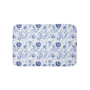 Tapis De Bain Toile de Jouy florale bleue et blanche de style ca