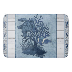 Tapis De Bain Tortue de mer Bleu de mer Rustique Aquarelle