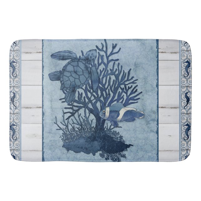 Tapis De Bain Tortue de mer Bleu de mer Rustique Aquarelle (Devant)