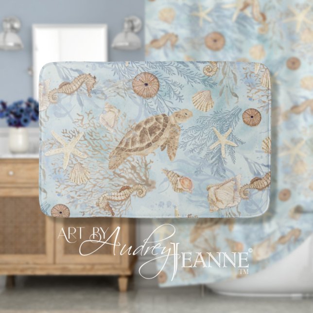 Tapis De Bain Tortue de mer Bleu Océan Aquarelle d'hippocampe (Créateur téléchargé)