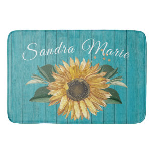 Tapis De Bain Tournesol jaune doré rustique Bois Turquoise    