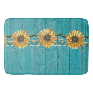 Tapis De Bain Tournesol rustique Turquoise Bleu Grange Bois pays