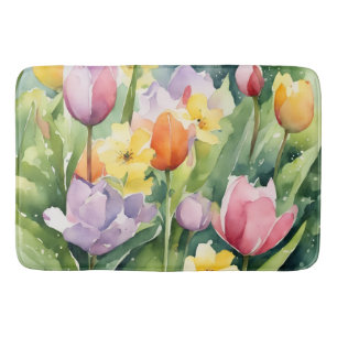 Tapis De Bain Tulipes en fleurs en aquarelle