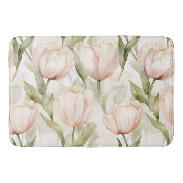 Tapis De Bain Tulipes Florales Rose Pâle Crème Jolies  (Devant)