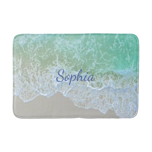 Tapis De Bain Turquoise Beach Wave, Blue Script Name ou Monogram (Devant)