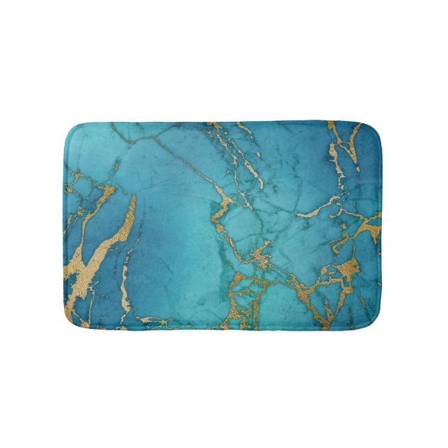 Tapis De Bain Turquoise Bleu Marbre Or Pierre Roche Métallique (Devant)