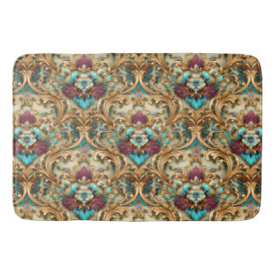 Tapis De Bain Turquoise et Or Damassé Orné