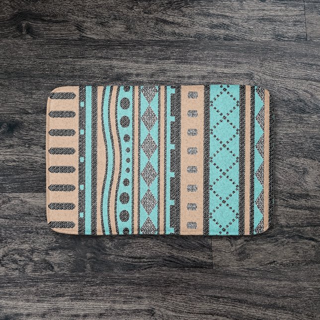 Tapis De Bain Turquoise Et Peach Motif Aztec (Créateur téléchargé)