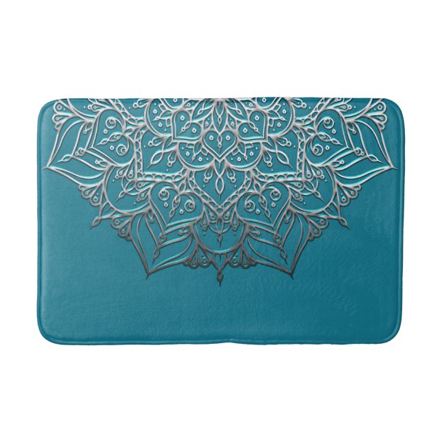 Tapis De Bain Turquoise & Silver Mandala Elégant Minimal Marocai (Devant)
