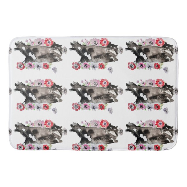 Tapis De Bain Tuxedo Chat Cute Jolie Fleurs Chats Aquarelle (Devant)