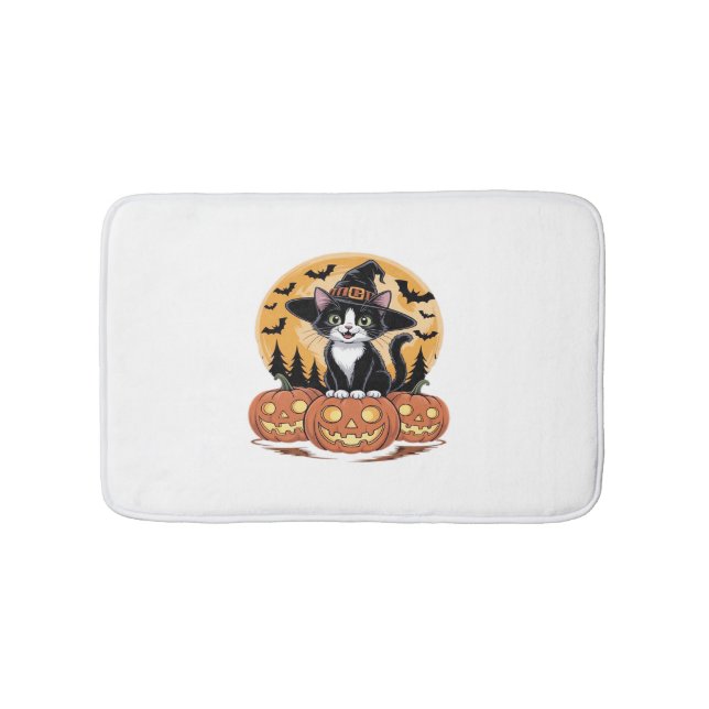 Tapis De Bain Tuxedo Chat Halloween Sorcière mignonne Citrouille (Devant)