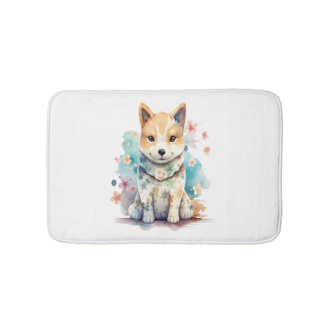 Tapis De Bain Un mignon chien au bon comportement dans un floral (Devant)