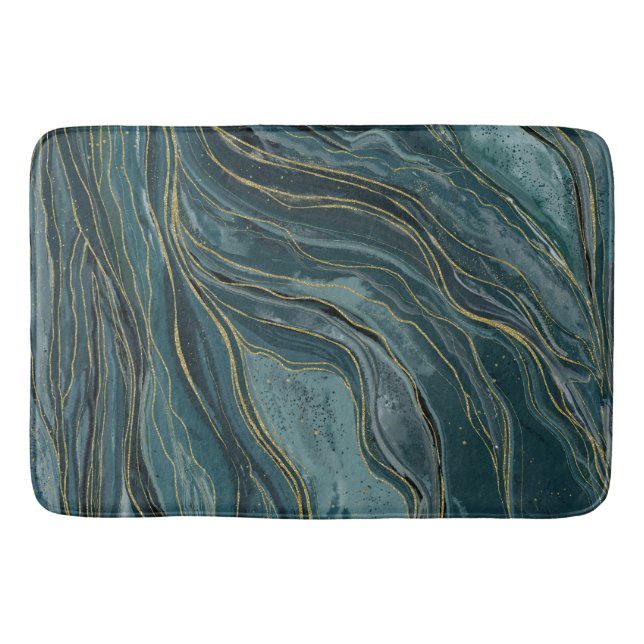 Tapis De Bain Vagues d'aquarelle Abstraite turquoise Blue Gold (Devant)