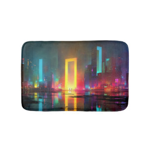 Tapis De Bain Ville futuriste avec portail néon radieux